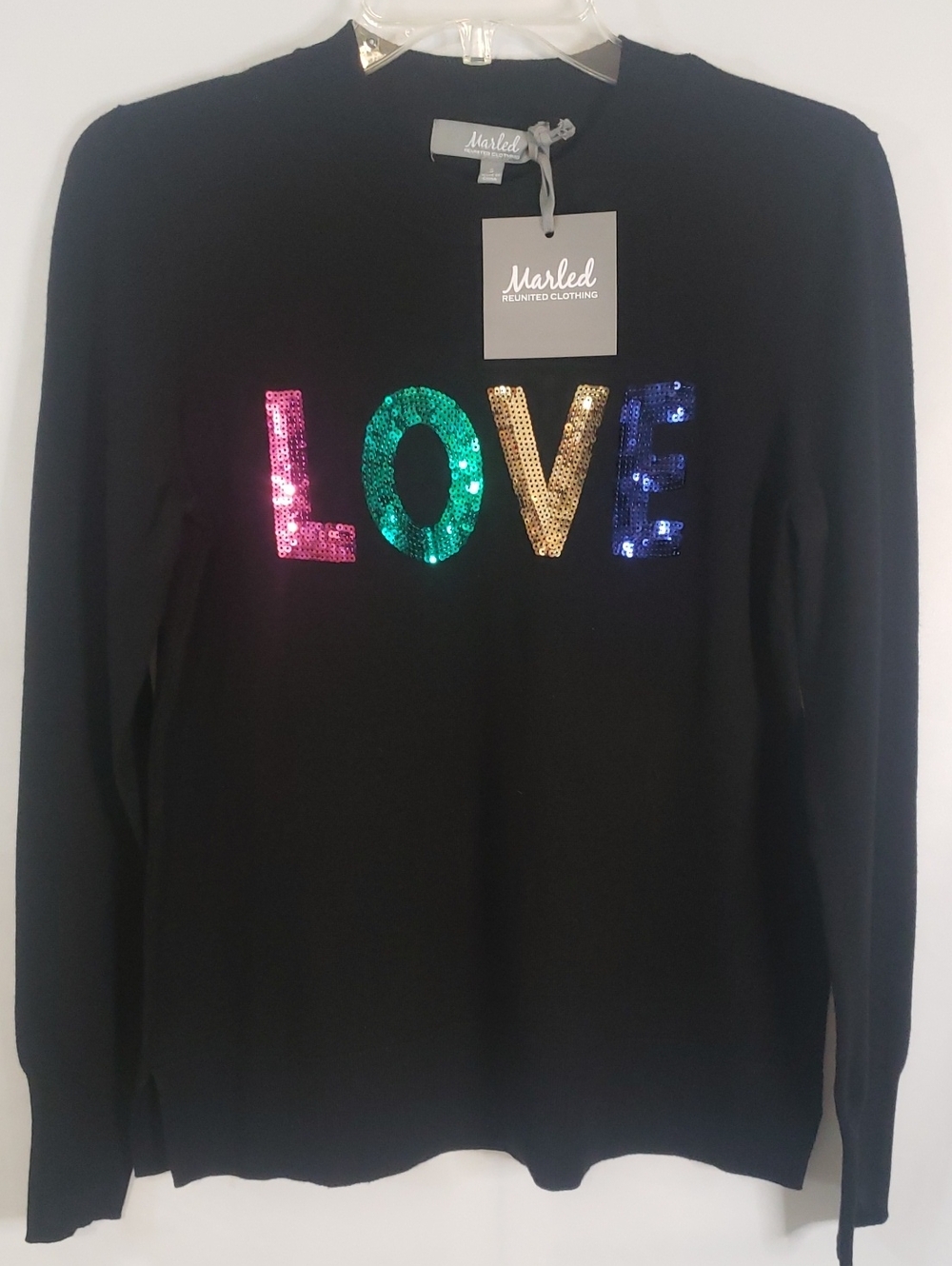 Marled "LOVE" Sequined Black Crewneck Sweater, Small